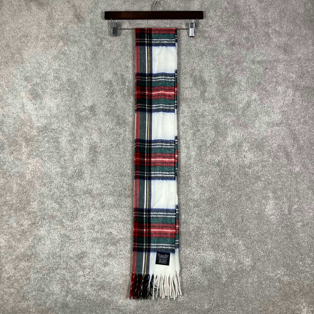 Christian Dior CASHLUXE Plaid Scarf White Red Green Tartan Fringe Acrylic Mexico